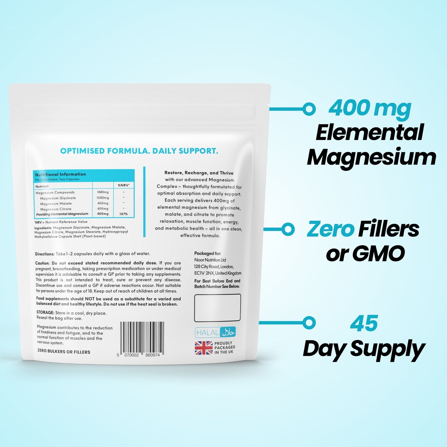 Magnesium supplement package with text highlighting elemental magnesium content and product details on a light blue background