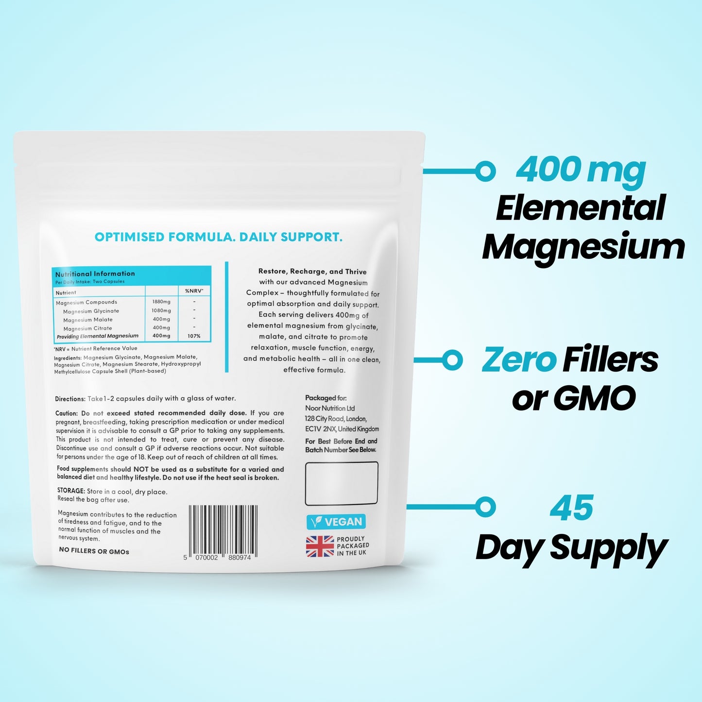 Magnesium supplement package with text highlighting elemental magnesium content and product details on a light blue background