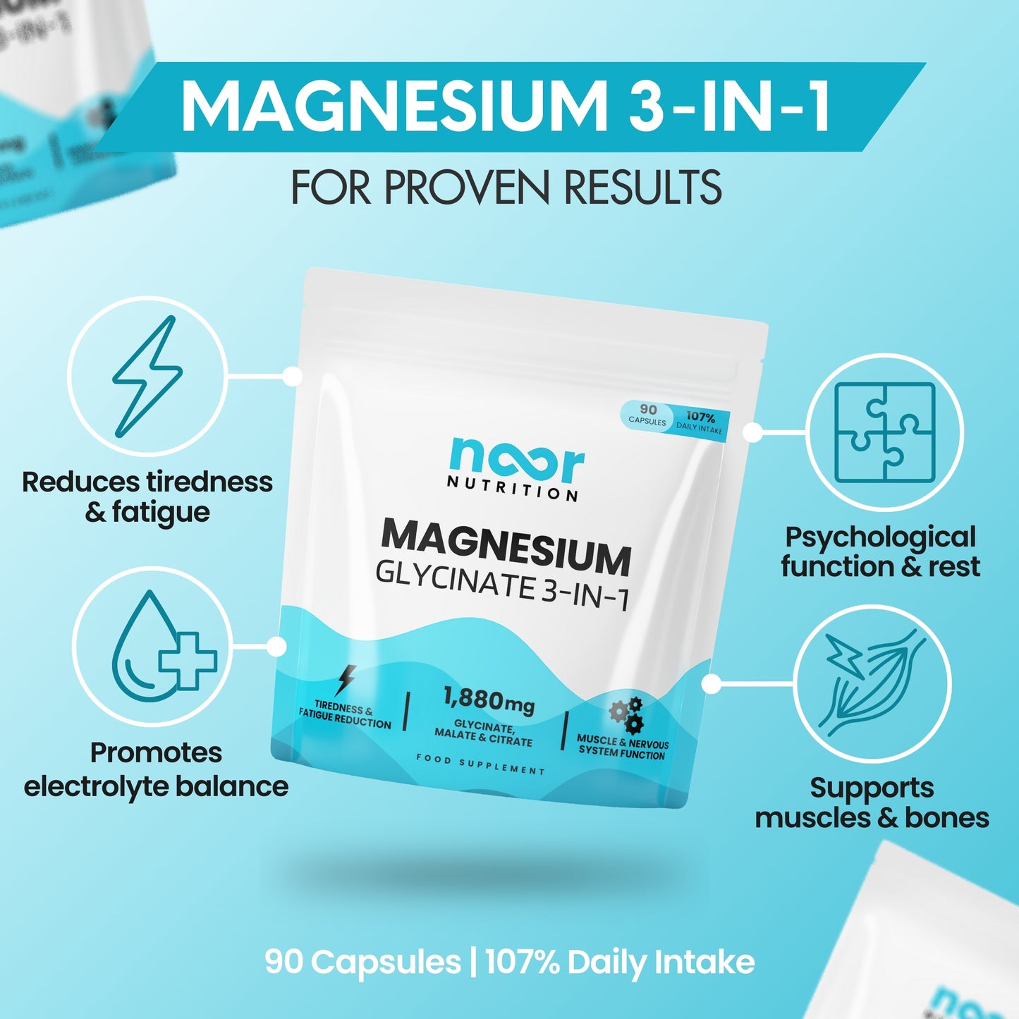 Noor Nutrition Magnesium Glycinate 3-in-1 supplement package on a light blue background