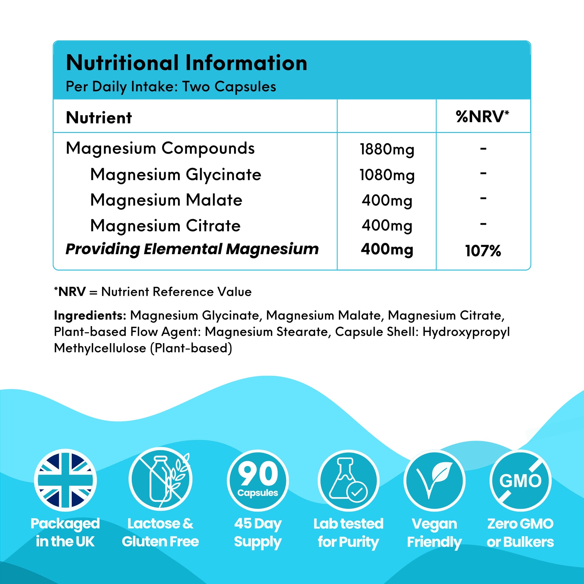 Nutritional information and product details for magnesium glycinate supplement on a blue background