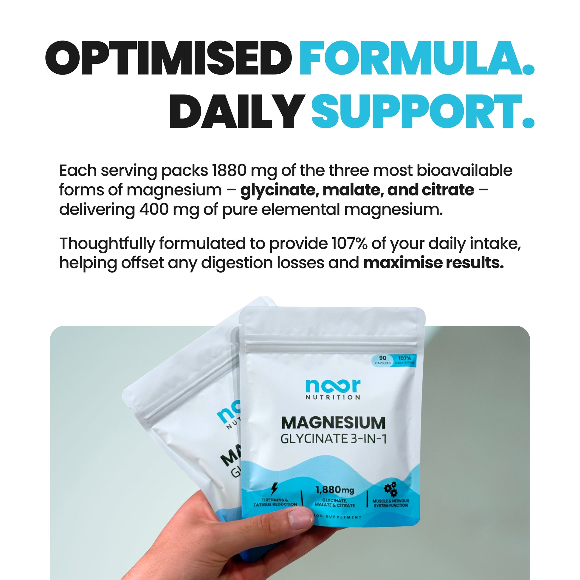 Noor Nutrition magnesium supplement packets with text about optimised formula and daily support.
