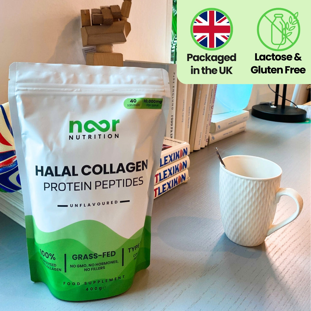 Collagen powder pouch on table, labeled lactose and gluten-free, packaged in the UK