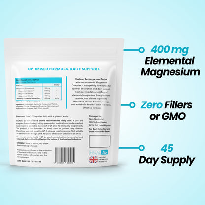 Magnesium supplement package with text highlighting elemental magnesium content and product details on a light blue background