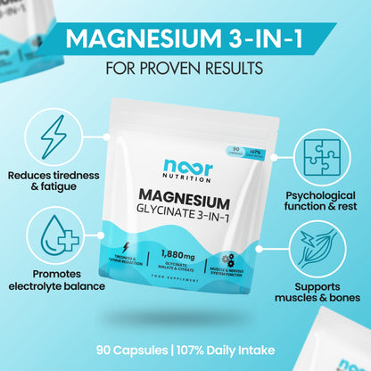 Noor Nutrition Magnesium Glycinate 3-in-1 supplement package on a light blue background