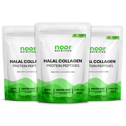 Three pouches of Halal collagen powder supplement